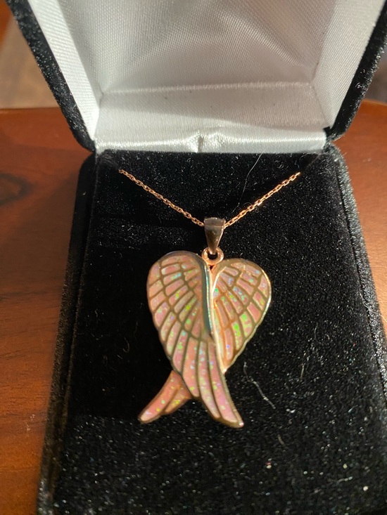 Source Unknown Jewelry - Rose Gold over Sterling Angel Wing Heart Pendant layered with Pink Opal
